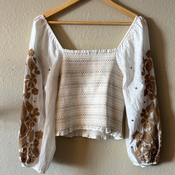 Anthropologie White Cropped Peasant Top with Tan Embroidered Sleeves - Picture 5 of 7